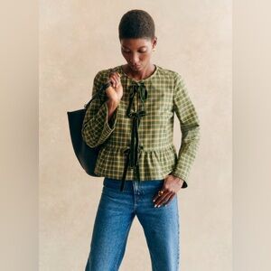 Sezane Green Plaid Brenda Peplum Bow Top Size 4 BNWT